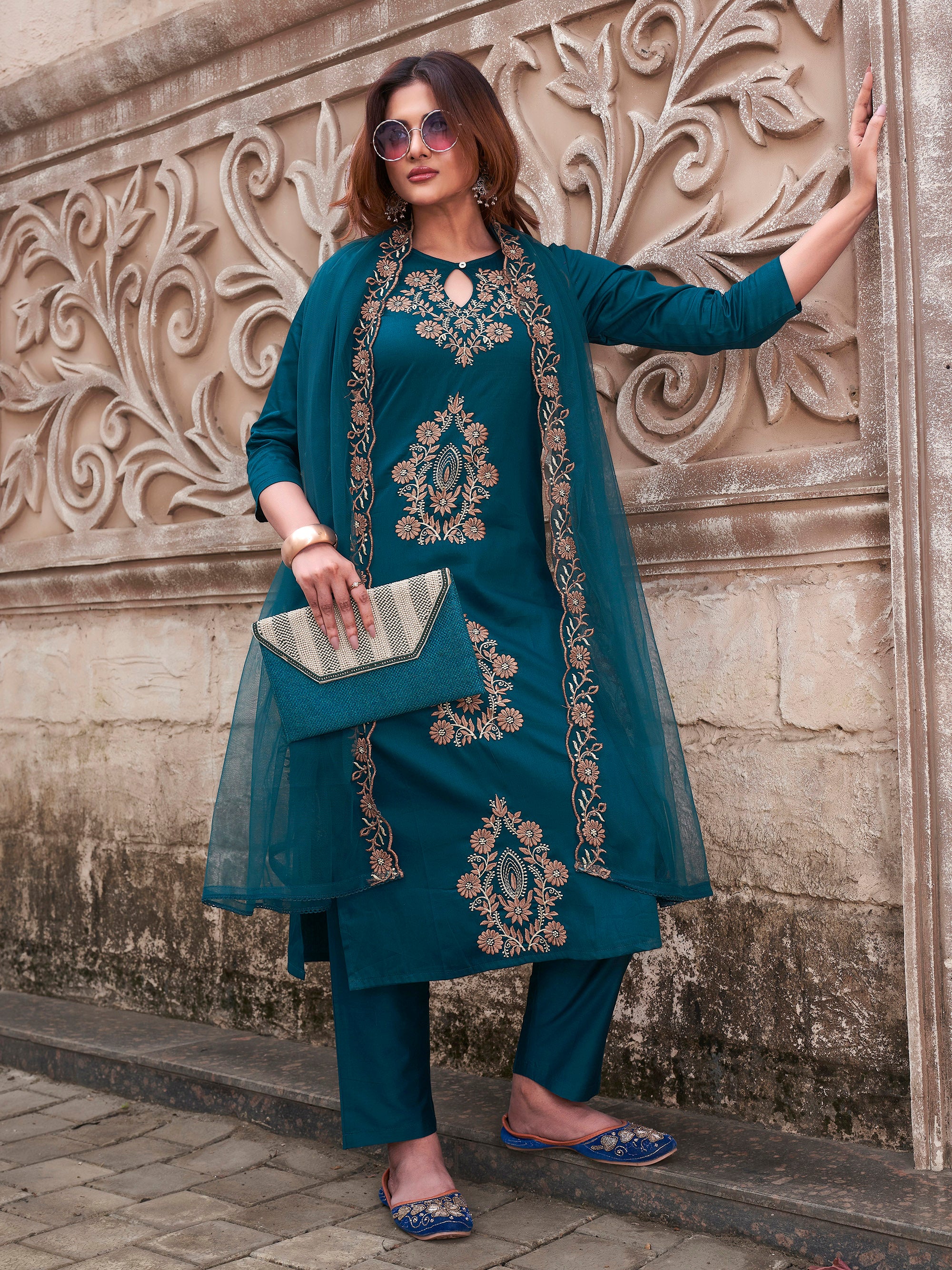 Teal Cotton Blend With Brown Tone Placement Embroidery Keyhole Kurta Set